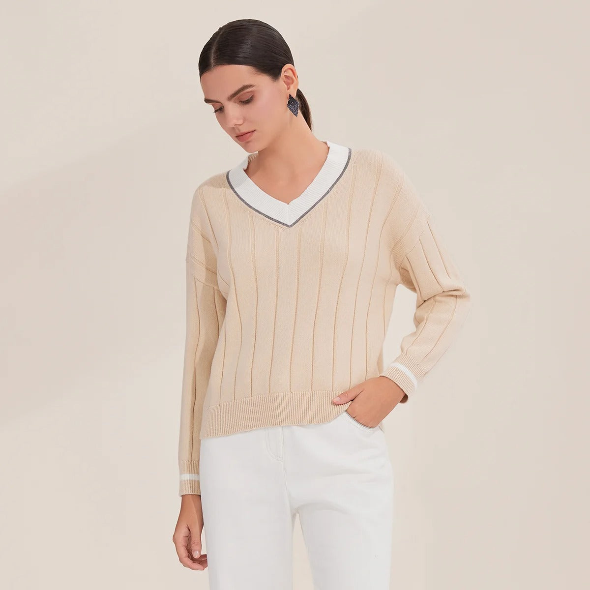 BY4521246 Women's V-Neck Long Sleeve Ribbed Sweater 100% Cotton Casual Knitted Pullover Fall Fashion 2025